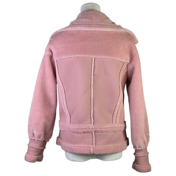 Blush Pink Faux Shearling Moto Jacket Size S Korean Oversized Lapel Zip - Picture 4 of 6